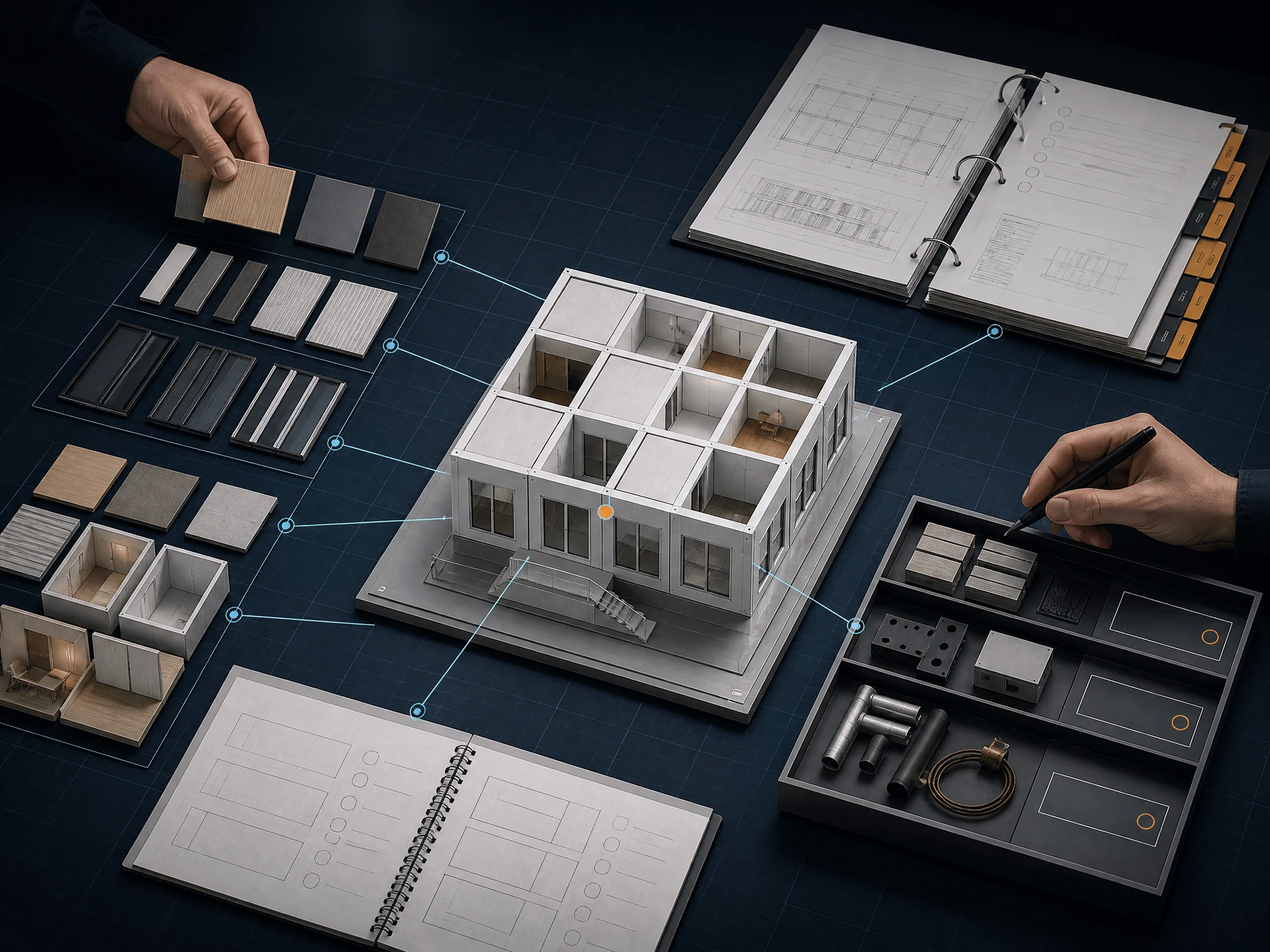 Modular building planning workspace with configurable options, project documents and supply scope awaiting written confirmation