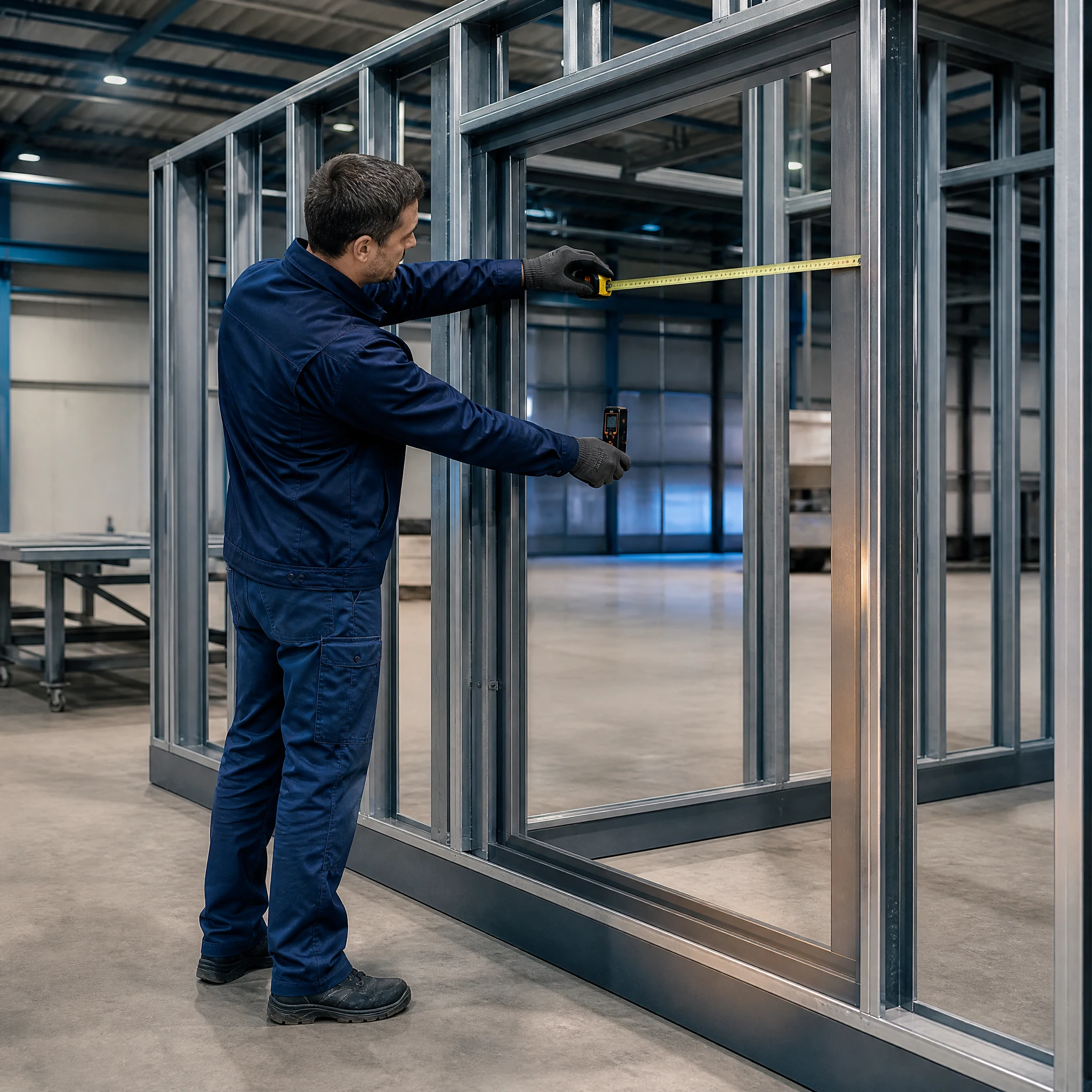 Process visualization of a technician reviewing a modular frame opening with measuring tools