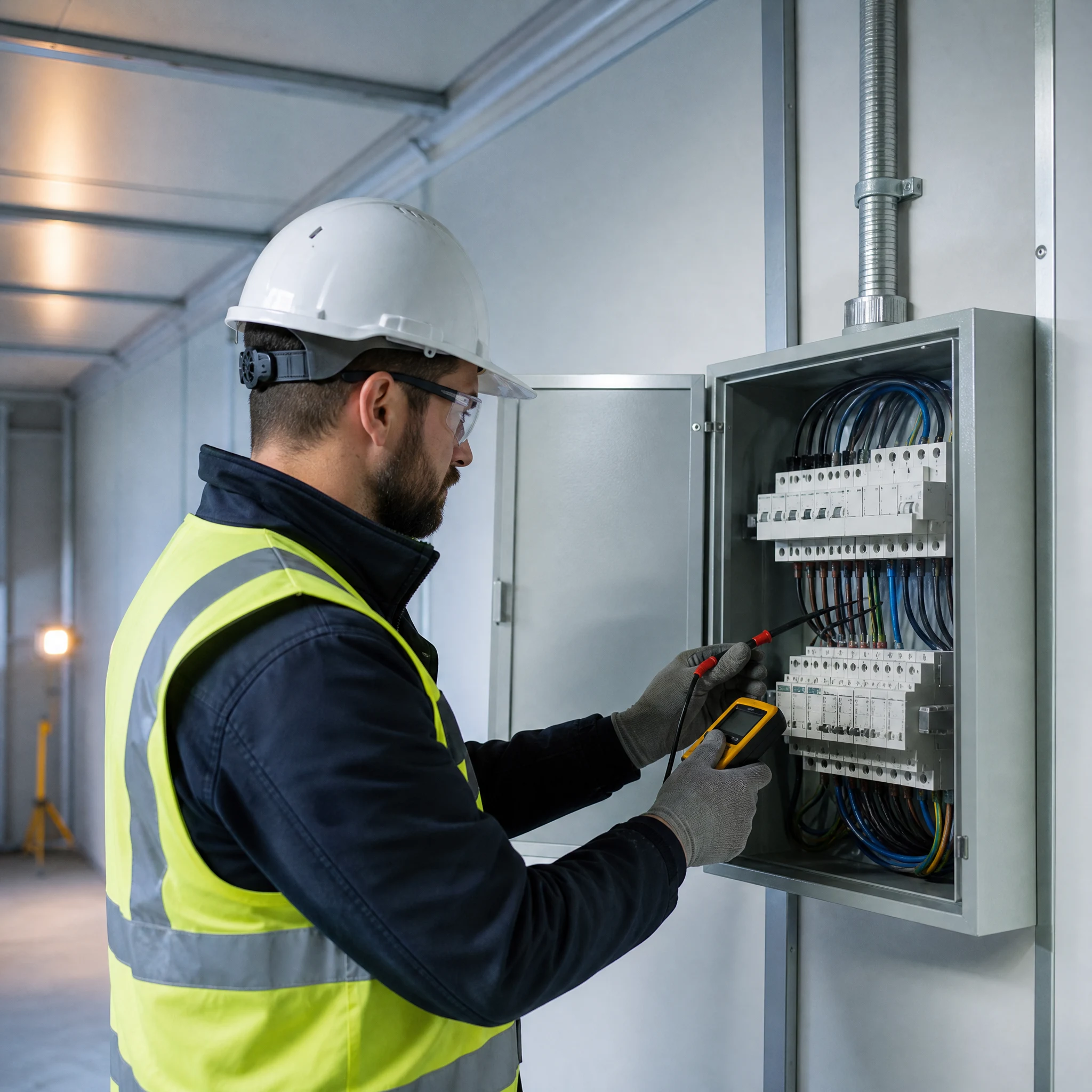 Process visualization of a technician reviewing a modular building electrical panel