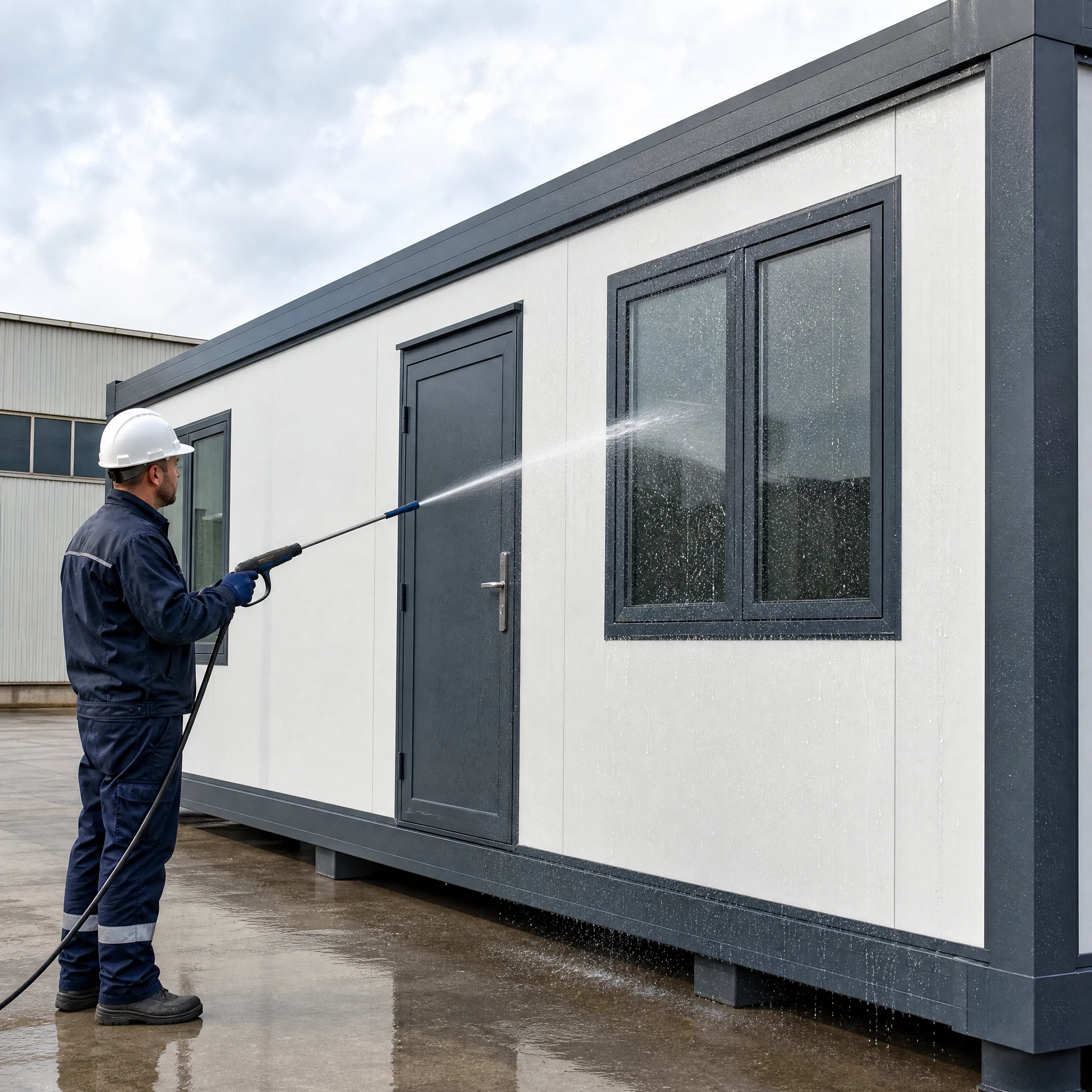 Process visualization of an exterior water-spray review on a modular building