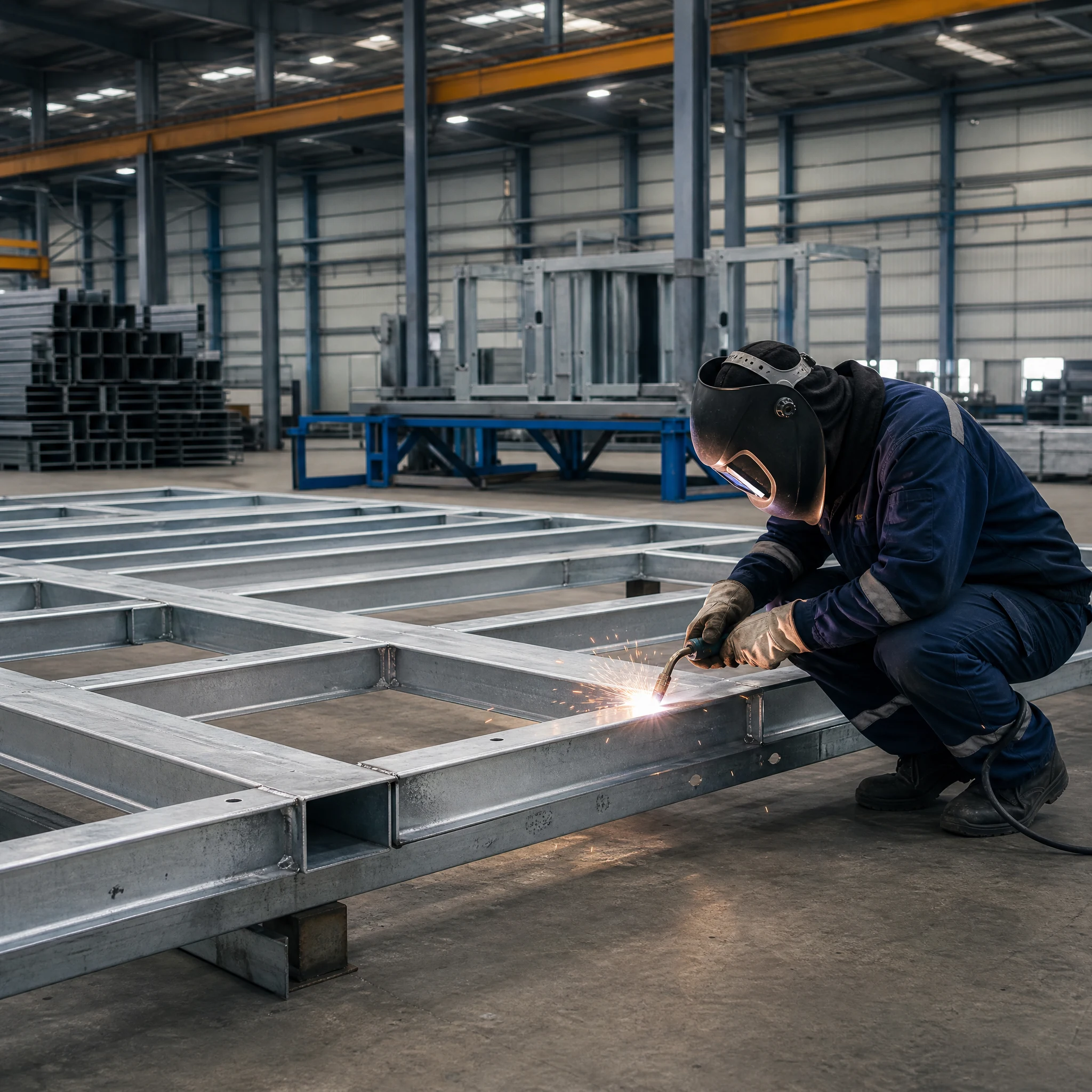 Process visualization of a worker welding a modular building steel frame