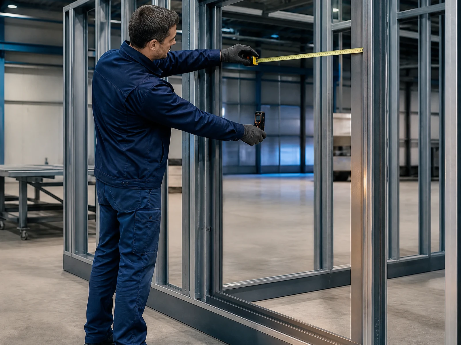 Inspector measuring a modular steel frame opening with tape and laser tools