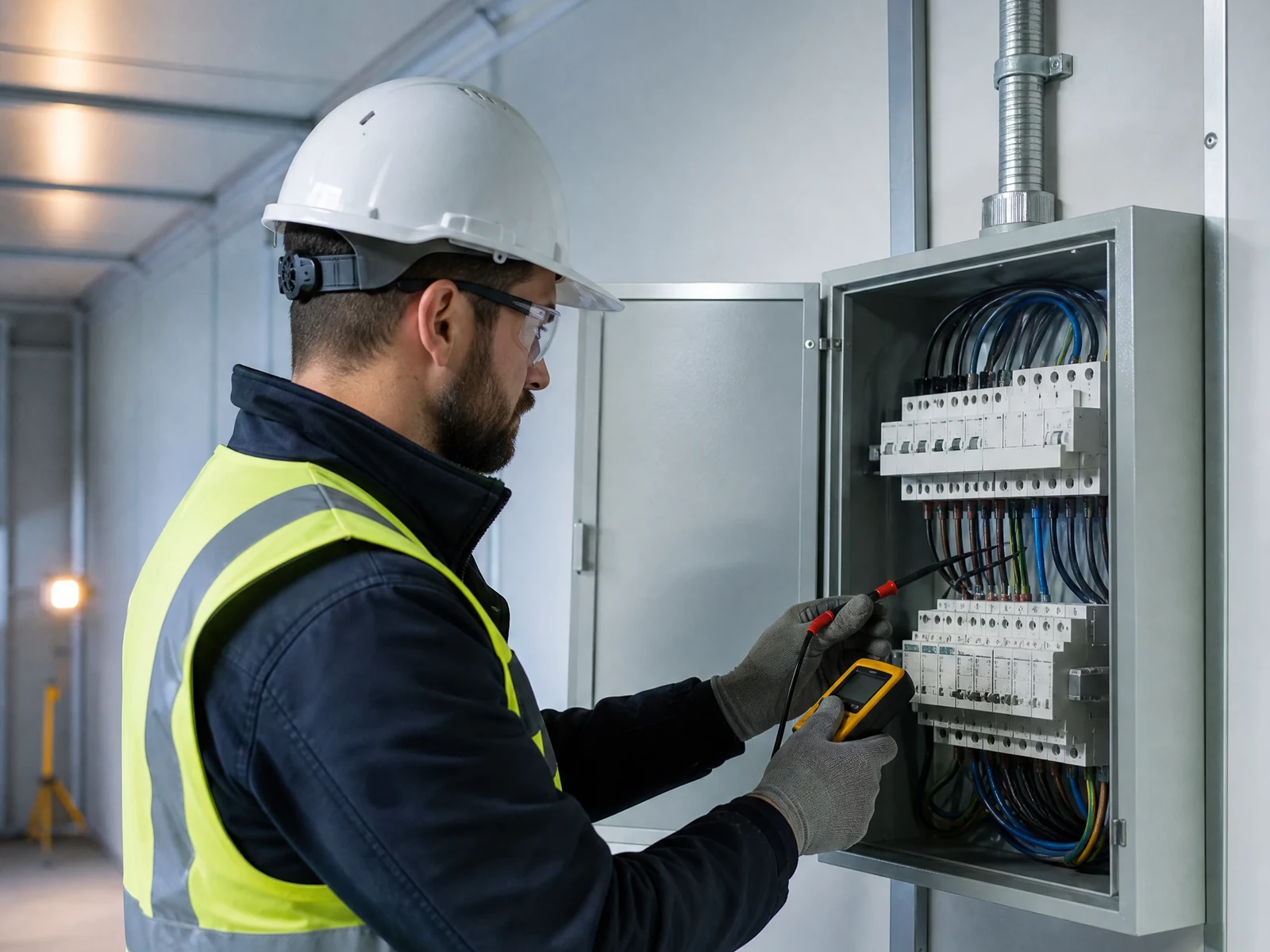 Electrician testing a modular distribution board with a handheld meter