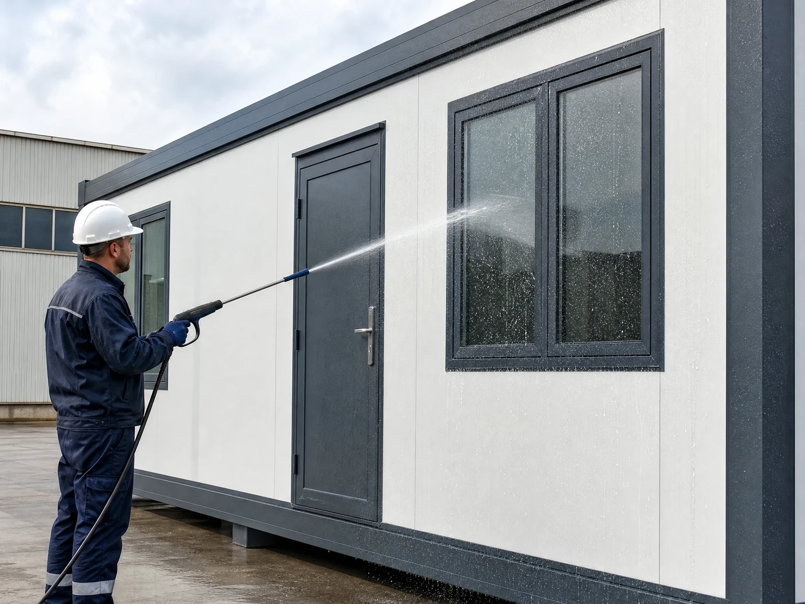 Inspector applying a controlled water spray to modular window and wall-panel joints