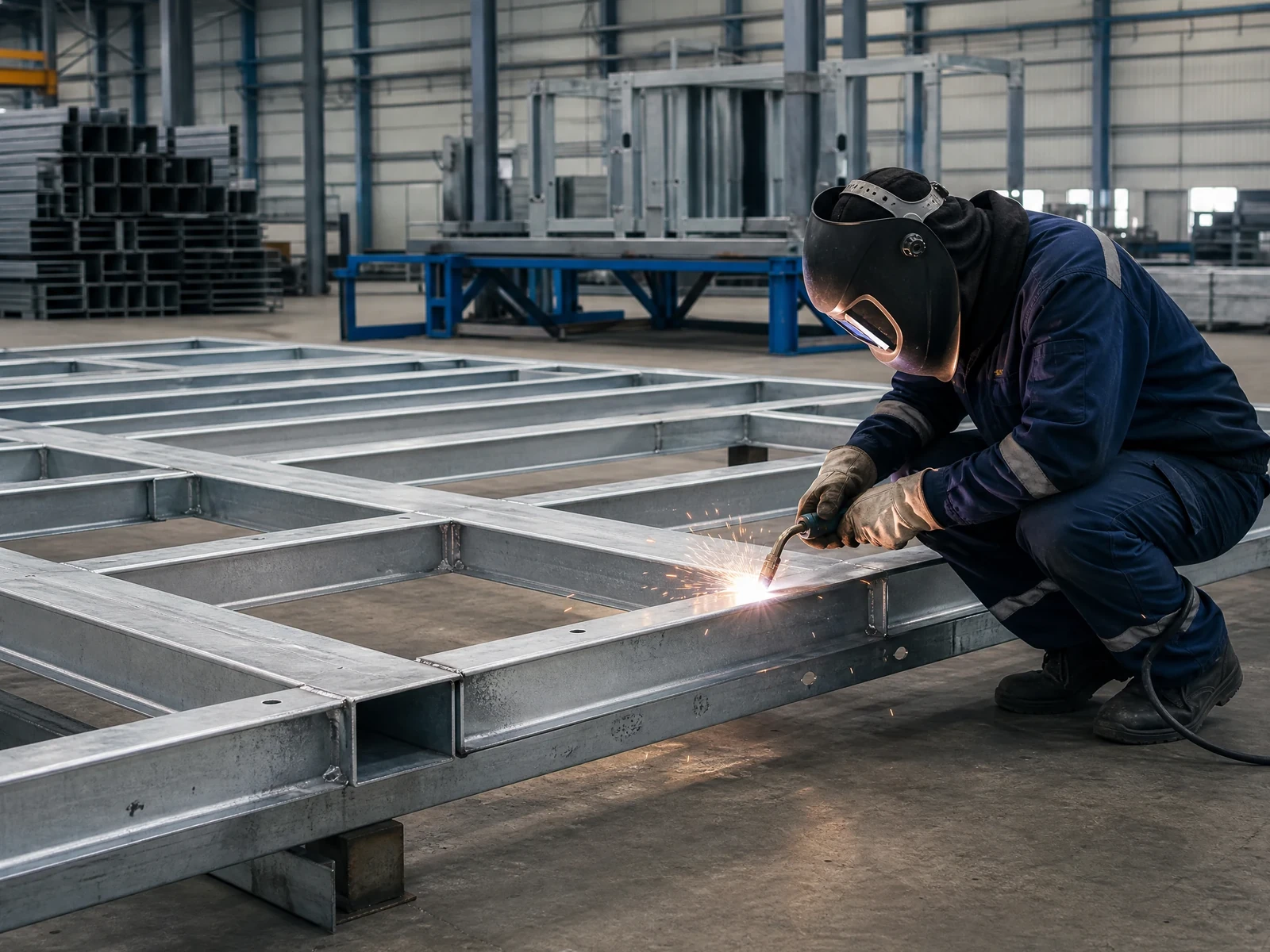 Worker welding a visible joint on a modular steel floor frame