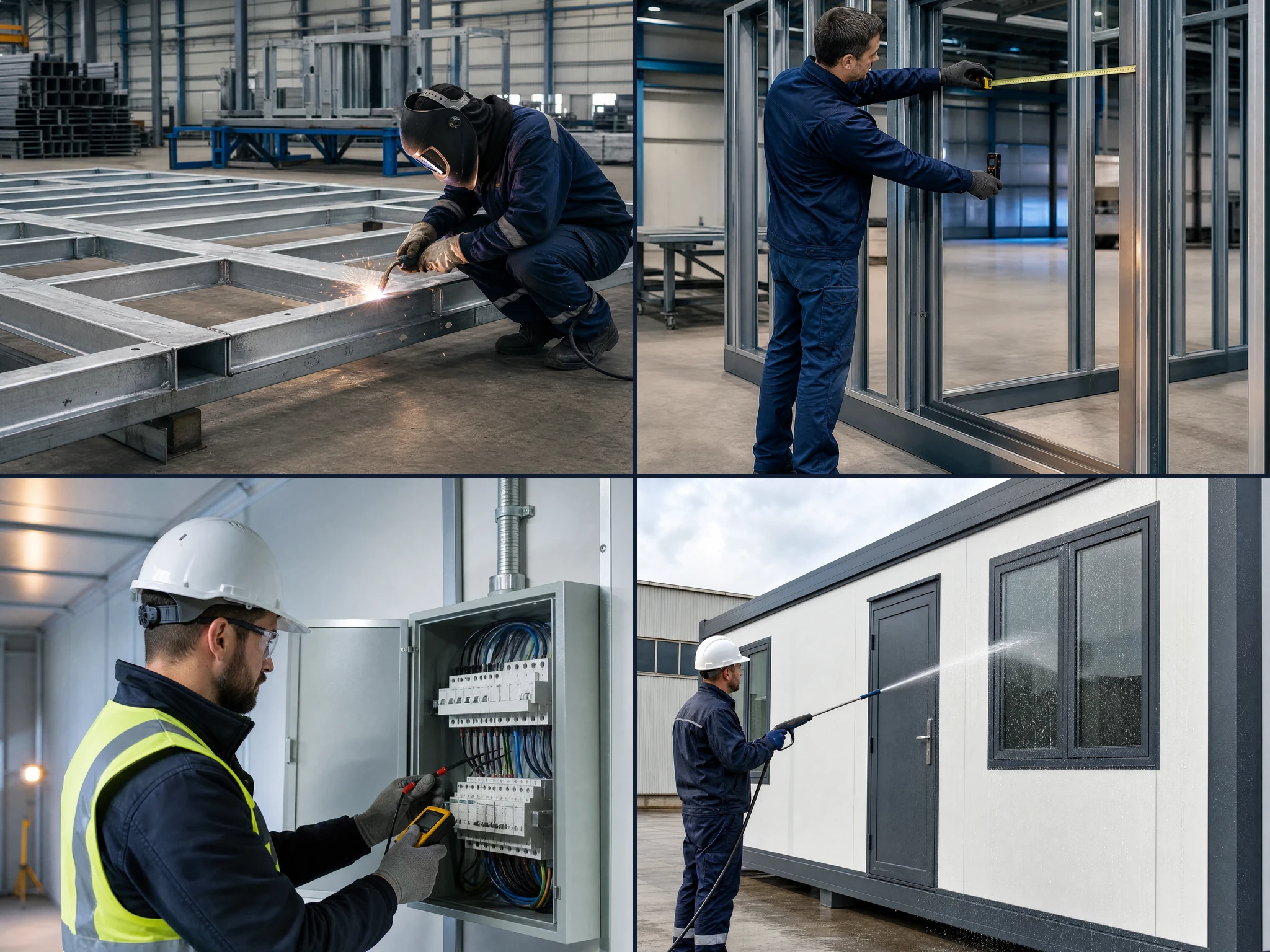 Four-stage modular production and quality process: frame fabrication, dimension review, electrical review and envelope review